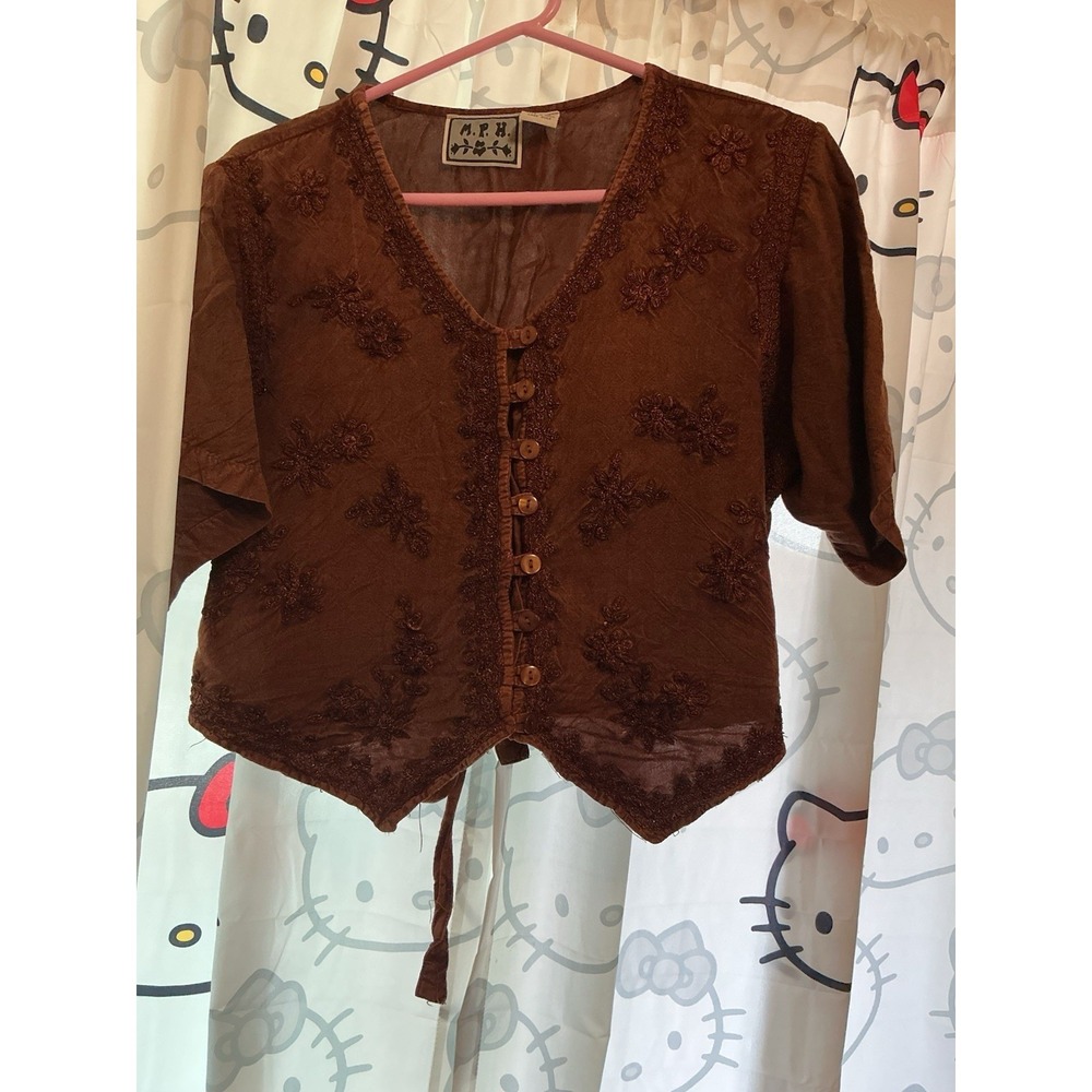 MPH Button Up Top Tie Back Women's Fairy Grunge Boho M Embroidered Rust Brown